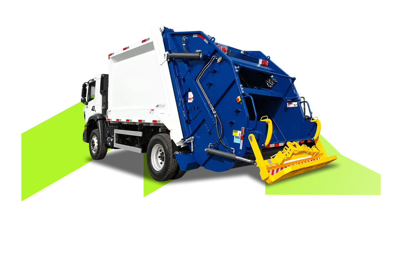 Caminhão com coletor compactador traseiro azul e plataforma de carga amarela